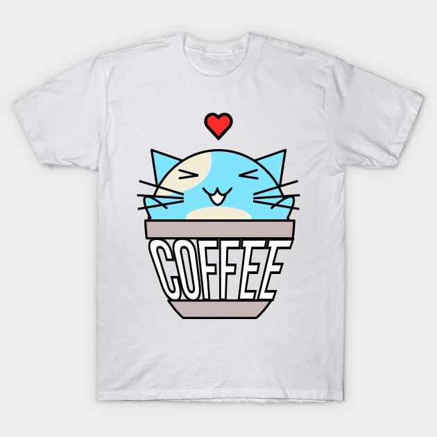 Happy cat in coffee cup with warped text heart on head blue T-Shirt by coffeewithkitty